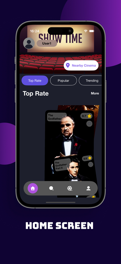 MegaFlix: Cinema Finder - MegaFlix app home screen displaying top rated movies and a nearby cinema locator button
