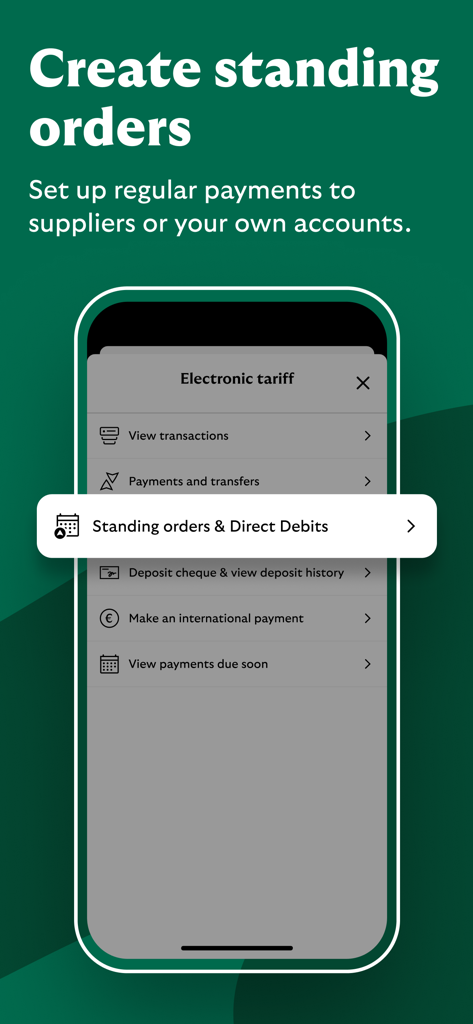 Lloyds Business Banking app - Lloyds Business Banking app screen for creating standing orders and managing direct debits