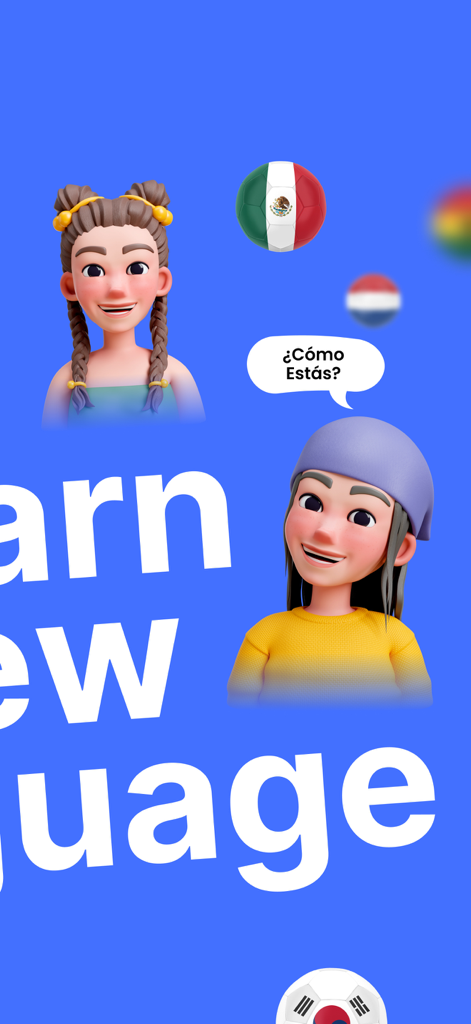 Two 3D cartoon avatars on a blue background with the text Learn new language and various national flag icons.