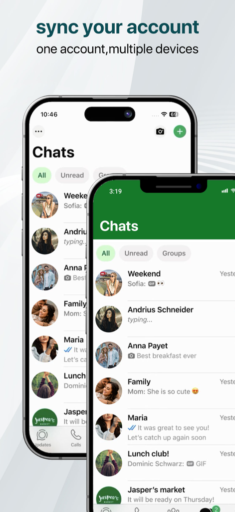 WT Scan Web Messenger - Smartphone screens displaying WT Scan Web Messenger app with account sync feature