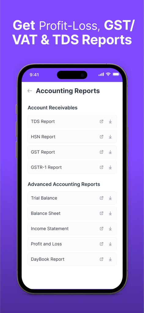 Refrens Invoice maker Bill App - A smartphone showing the Refrens app's accounting reports screen with options for Profit and Loss, Balance Sheet, and tax reports.