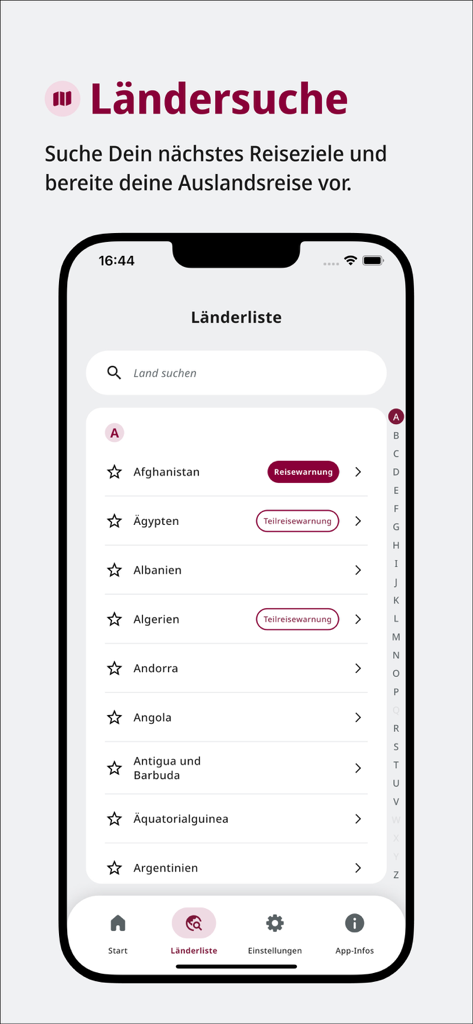 Un'interfaccia mobile dell'app Sicher Reisen che mostra un elenco di paesi con etichette di avviso di viaggio