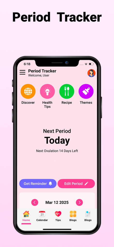 Period Tracker Apps for Women - Pantalla de inicio de una aplicación de seguimiento de períodos para mujeres que muestra predicciones del ciclo menstrual y herramientas de monitorización de salud