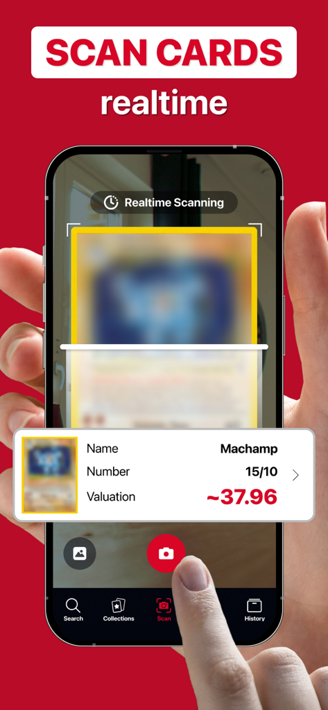 MonPrice: Card Value Scanner - Uno smartphone che utilizza l'app MonPrice per scansionare una carta collezionabile e visualizzarne il valore di mercato in tempo reale