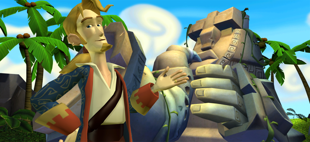 Tales of Monkey Island Ep 1 - Guybrush Threepwood de pie frente a una estatua de piedra gigante en una isla tropical