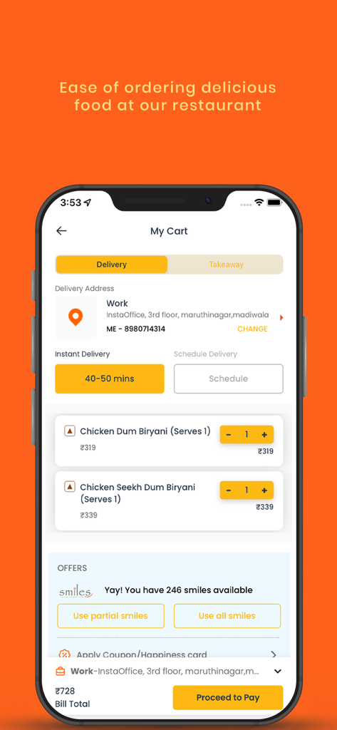 Barbeque-Nation - Checkout screen of the Barbeque-Nation app showing a food cart with biryani items and loyalty reward points.