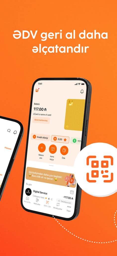 UBank by Unibank - Smartphone che mostra l'interfaccia dell'app mobile UBank con il saldo del conto di una carta digitale e uno scanner di codici QR su sfondo arancione