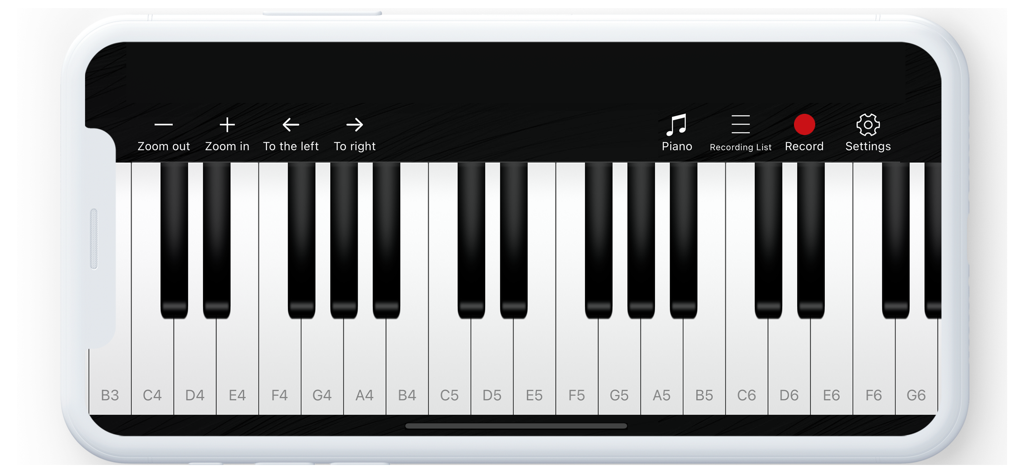Mobile app interface showing a zoomable piano keyboard with labeled notes and recording controls