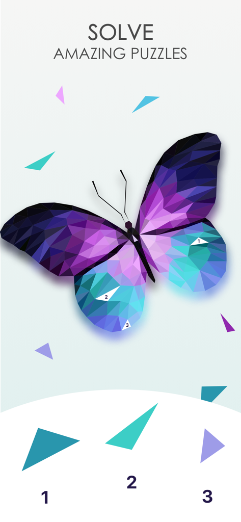 Poly Art Jigsaw 3D Puzzle Game - A low poly butterfly puzzle being solved by matching numbered polygon pieces in the Poly Land app.