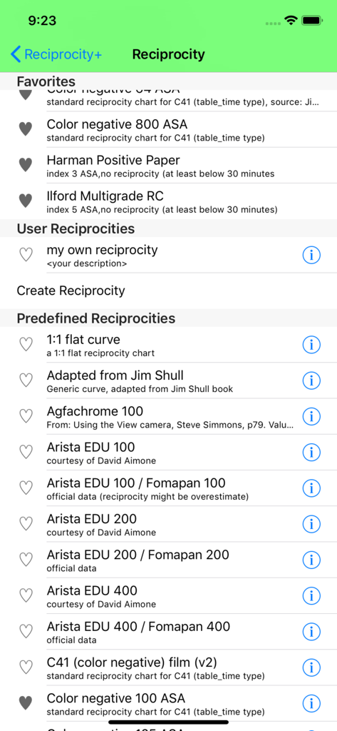 A list of film stocks and reciprocity charts within the Reciprocity Plus app interface.