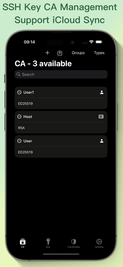 KeyBean app interface for managing SSH keys and Certificate Authorities on iPhone