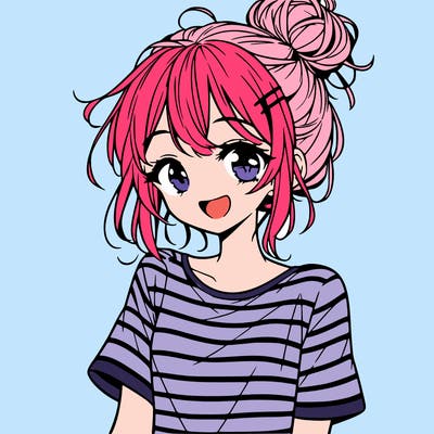 anime girl teenager striped shirt and smile and messy bun