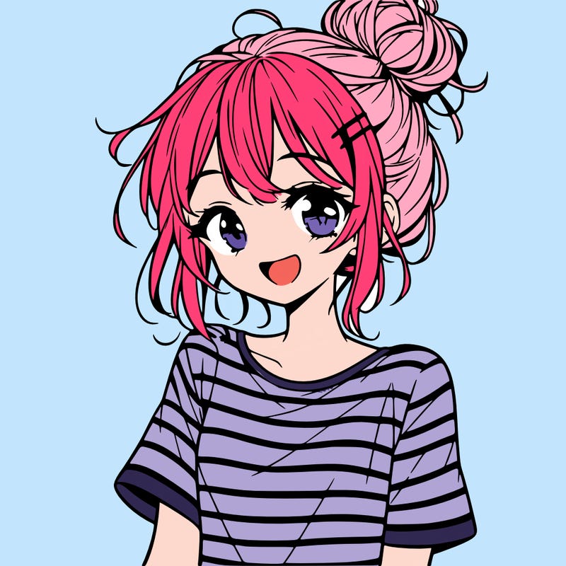 anime girl teenager striped shirt and smile and messy bun