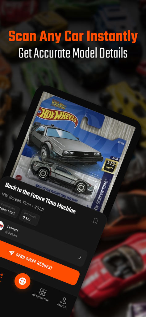 Hunt64: Diecast Car Collector - Hunt64 app interface showing AI scanner identifying a Back to the Future Hot Wheels car