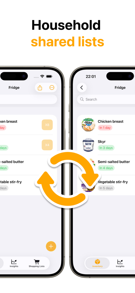 FridgeBuddy app interface showing shared household inventory lists synced across two smartphones