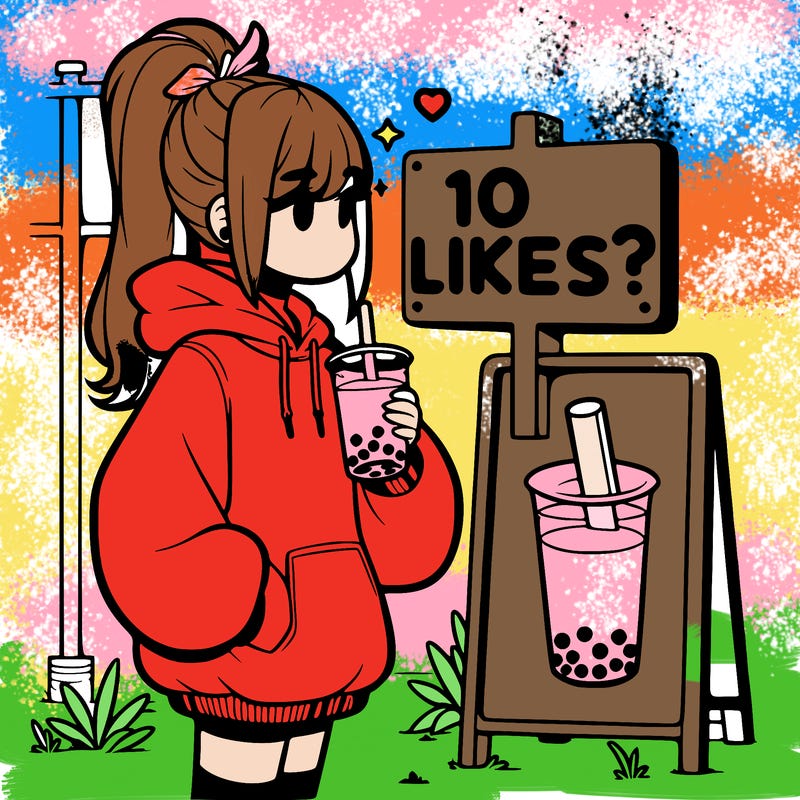 girl with oversized hoodie drinking boba and she has a high ponytail with a sign that says 10likes?