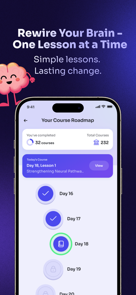 Quit Porn Now BeFree - Mobile app screen showing a daily lesson roadmap for addiction recovery and brain rewiring