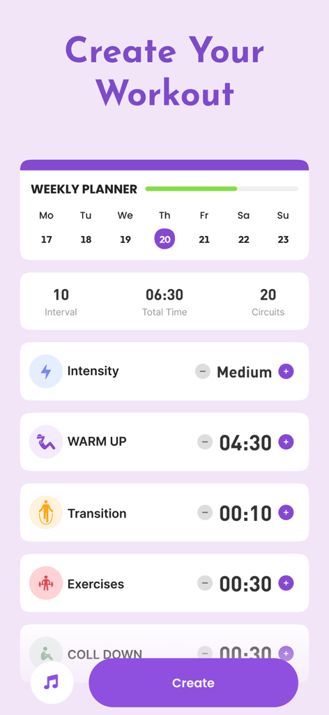 Butt Workout: Fitness at Home - Un écran d'application mobile intitulé « Créez votre entraînement » affichant des options pour personnaliser l'intensité et la durée de l'exercice