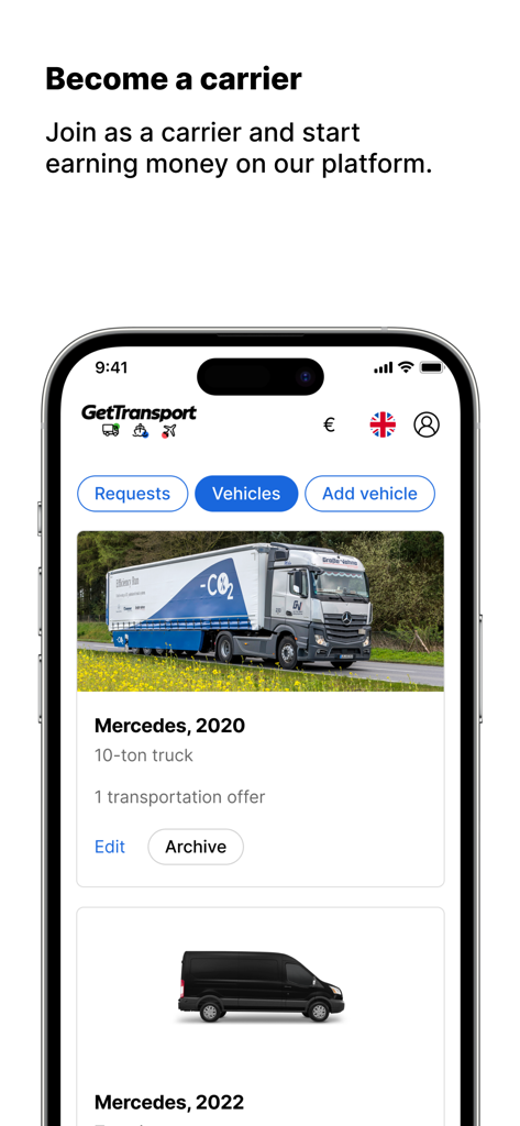 GetTransport app dashboard for carriers to manage their fleet of trucks and vans