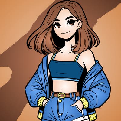 a realistic girl with a crop top and short shorts in an open jacket