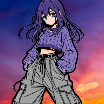anime teen girl with baggy pants and crop top with sweater