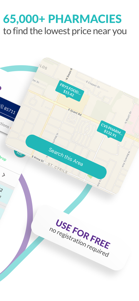 ScriptSave WellRx Rx Discounts - Map interface of WellRx app showing drug price differences between nearby pharmacies