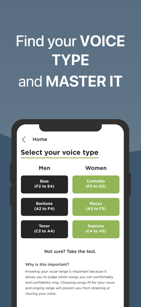 Singing Lessons: Learn to Sing - Pantalla de la aplicación móvil que muestra la selección del tipo de voz para hombres y mujeres, incluyendo Bajo, Tenor y Soprano.