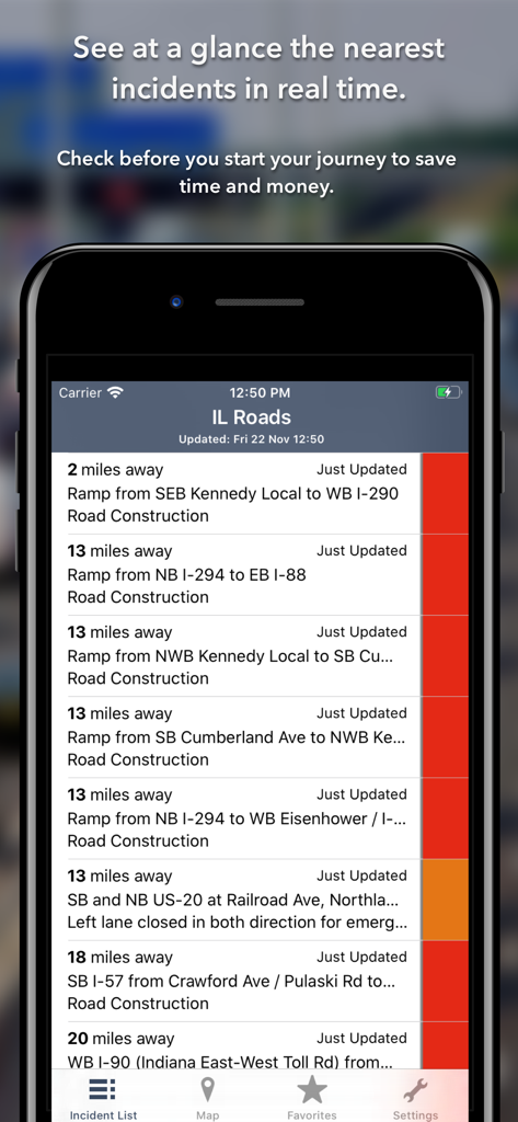 Liste der Echtzeit-Verkehrsvorfälle und Straßenbauarbeiten in der Illinois State Roads App.