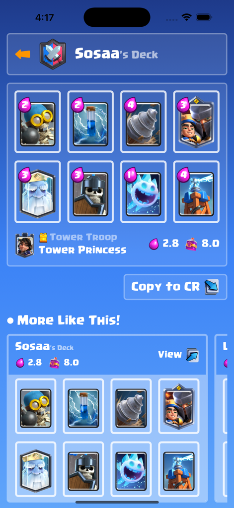 Deck Guides - Clash Royale Deckprofil in der Deck Guides App mit Kopierfunktion zum Spiel