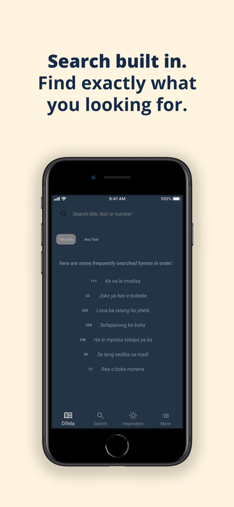 Difela Tsa Sione app search interface showing a list of frequently searched Sotho hymns on a smartphone.