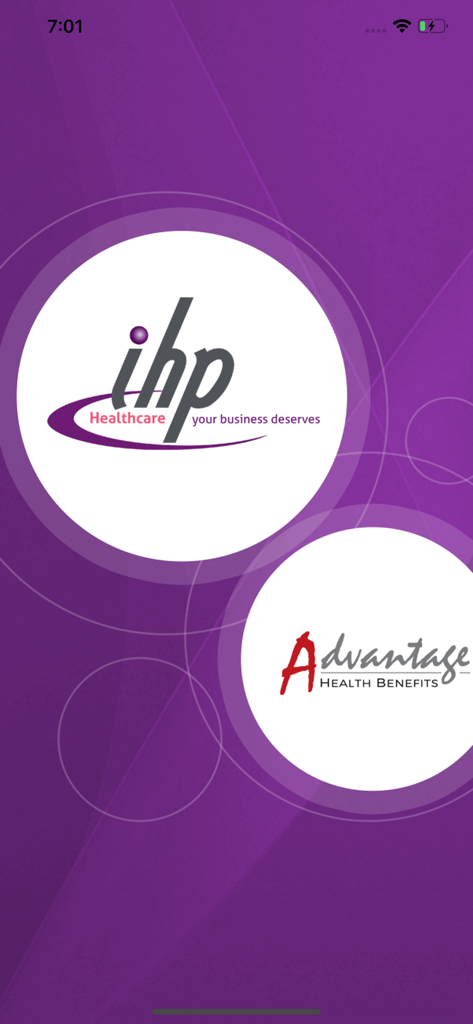 IHP App splash screen showing the IHP Healthcare and Advantage Health Benefits logos on a purple background.