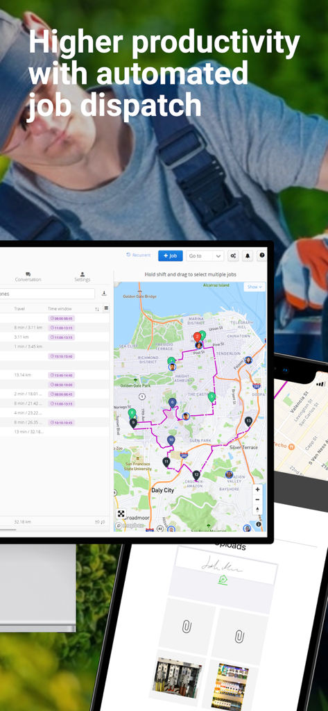 Hellotracks - GPS Locator - Hellotracks dashboard showing automated job dispatch with a map route on a tablet and mobile device