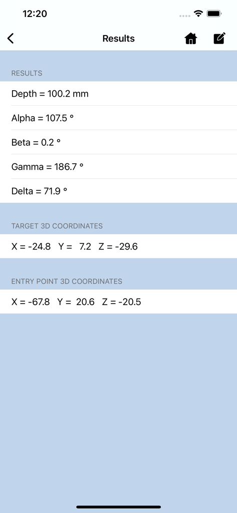 Results screen of the CheckBRW app displaying depth, angles, and 3D coordinates for neurosurgery planning.