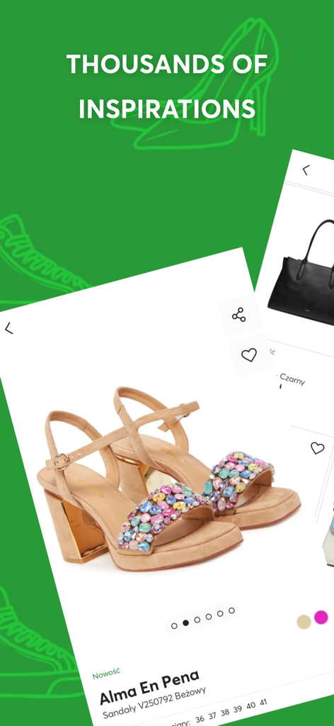 Mobile app interface showing Alma En Pena embellished sandals and thousands of inspirations text on a green background.