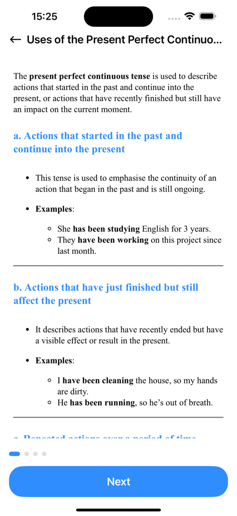 English Grammar Practice Skill - Lección de gramática inglesa que explica el tiempo presente perfecto continuo con ejemplos de uso.