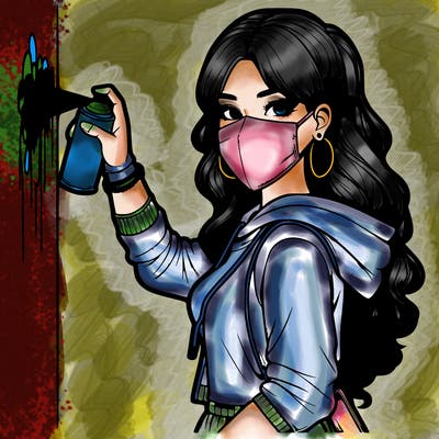 realistic girl with mask spray painting a wall
