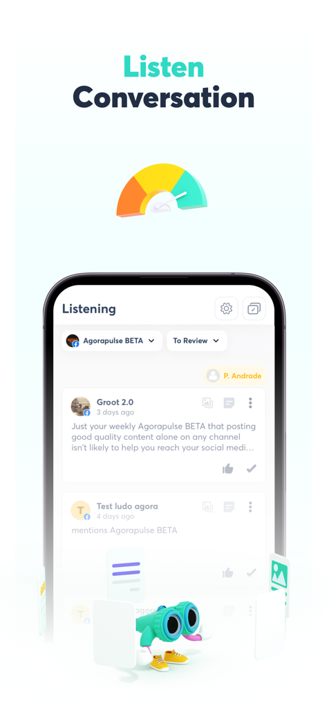 Interfaz de la aplicación móvil Agorapulse mostrando la escucha social y el seguimiento de conversaciones en redes sociales