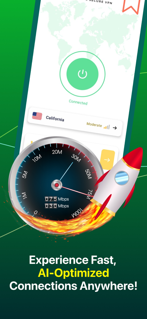 iLove VPN Wi-Fi Fast Free Wifi - iLove VPN app interface displaying a fast AI-optimized connection with a speedometer and rocket graphic.