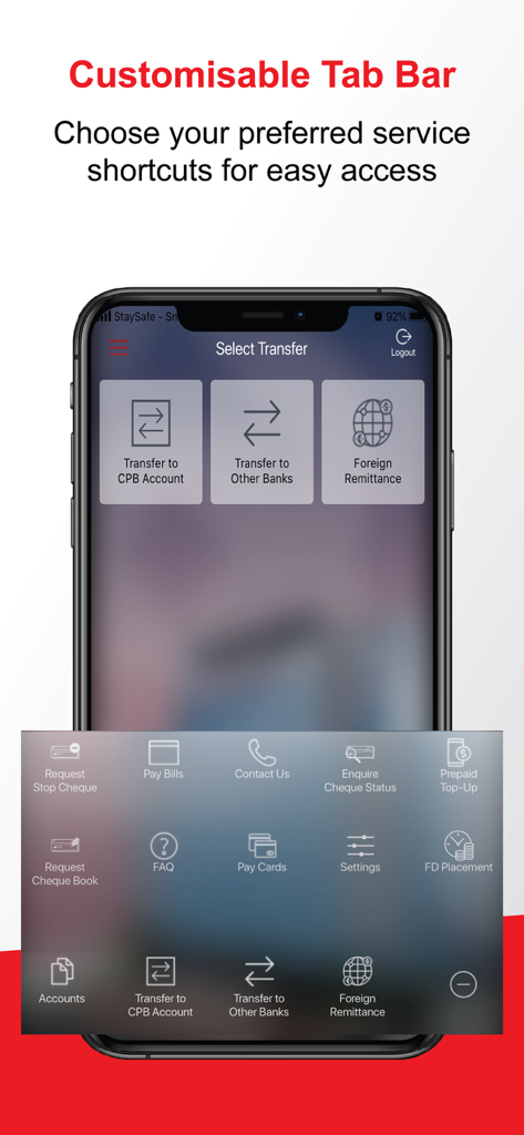 PB engage KH - PB engage KH app interface showing the customizable tab bar with various banking service shortcuts