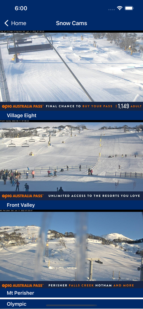 Perisher - Screenshot of the Perisher app showing live snow camera feeds from Village Eight, Front Valley, and Mt Perisher.