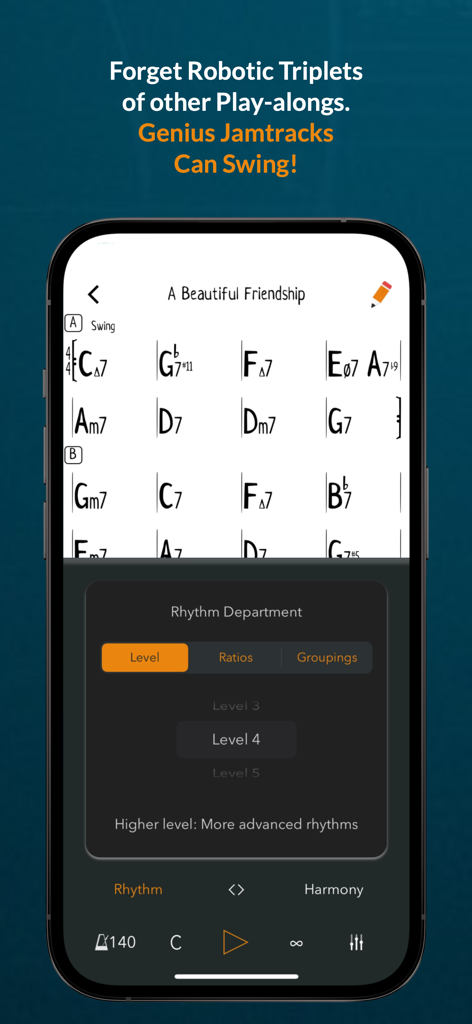 Genius Jamtracks - Genius Jamtracks app interface showing jazz chord charts and advanced rhythm department settings