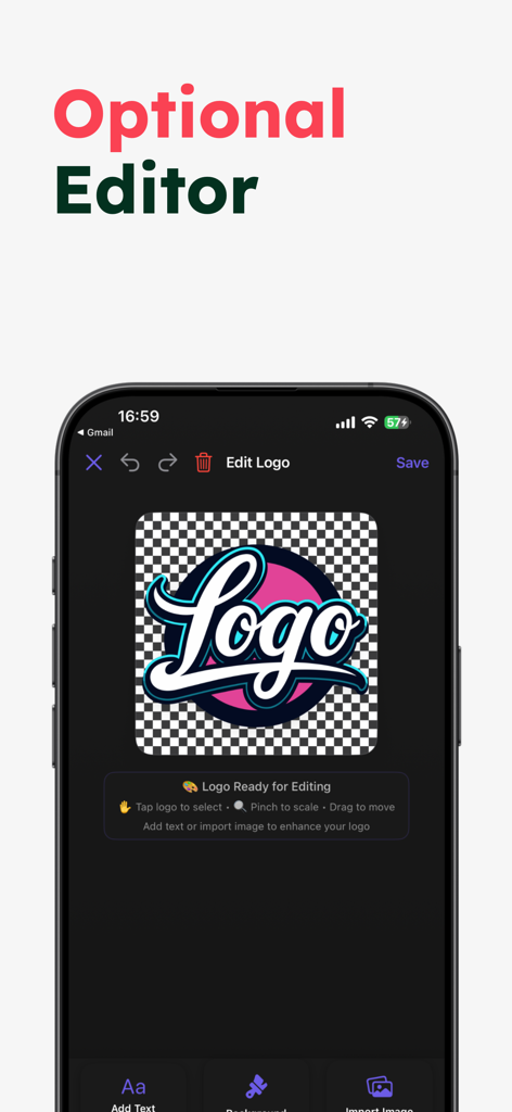 Uno schermo mobile che mostra l'editor del Creatore di Loghi e Design AI con un logo personalizzabile su sfondo trasparente.