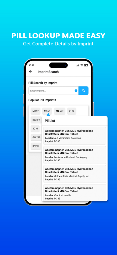 Pill Identifier and Drug List - Mobile app interface showing pill identification results for a specific imprint code
