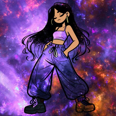 girl in baggy pants crop top and long hair