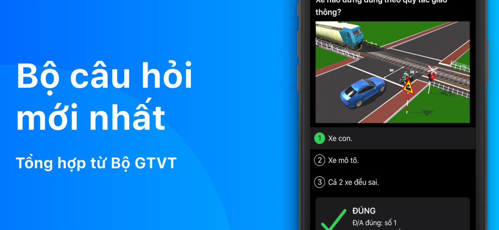 600 Câu Lý Thuyết GPLX OTOMOTO - A mobile app interface displaying a Vietnamese driving license theory test question with a 3D road scenario and correct answer feedback.