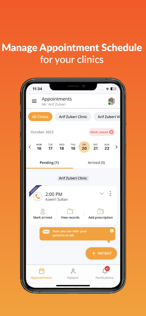 MyPractice by oladoc - Interface de gerenciamento de agendamentos do aplicativo móvel MyPractice by oladoc