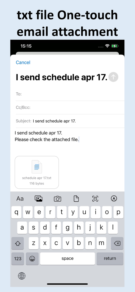 txt-maker: Create a .txt file - Interface of txt-maker app showing a composed email with a .txt file attached for quick sharing.