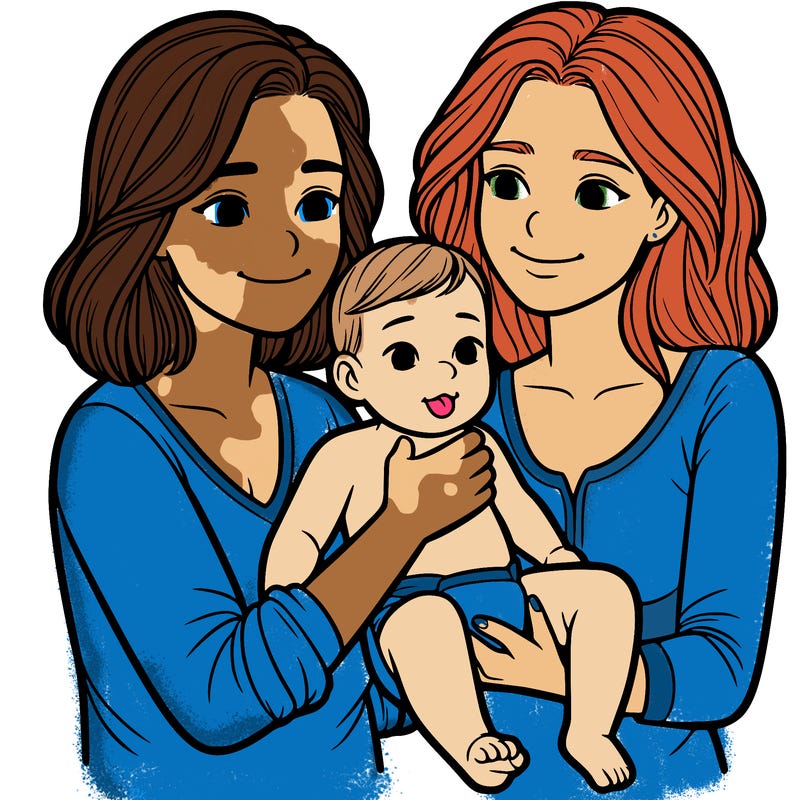 two realistic women holding one baby together