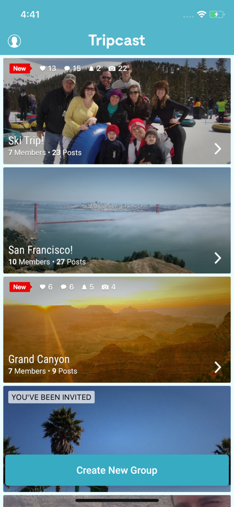 The Tripcast app interface displaying a list of shared travel photo albums for different group trips