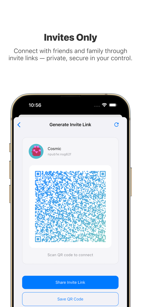 Tela do aplicativo móvel XChat para gerar um link de convite privado com um código QR e botões de compartilhamento.